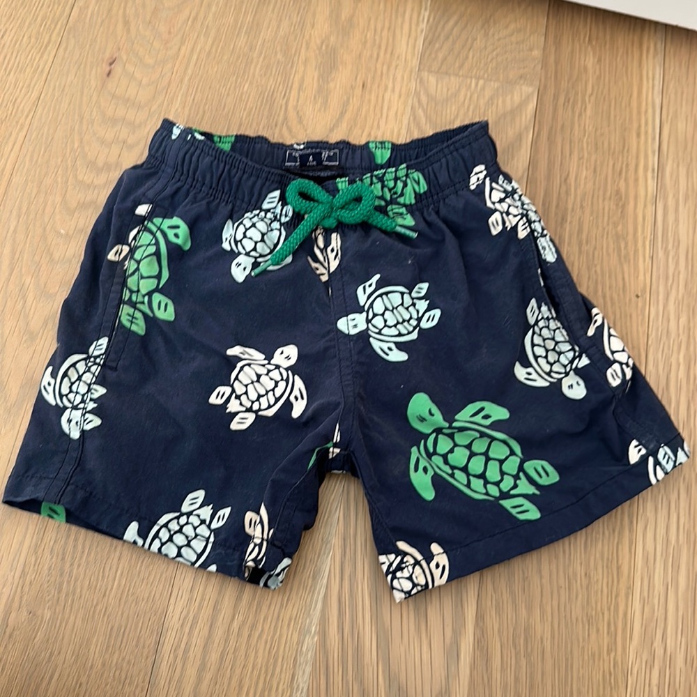 Vilebrequin Navy Blue Kids Swim Trunks with Green and White Turtles
